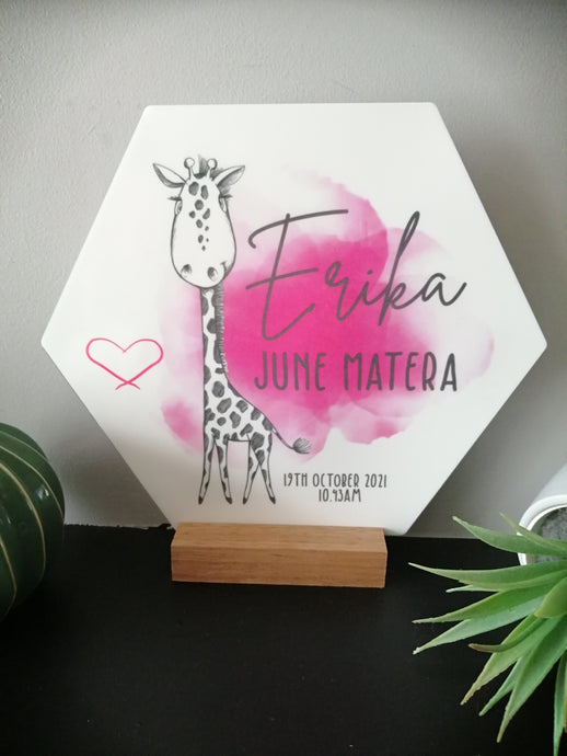New Baby Personalised Acrylic Plaque with Oak Stand