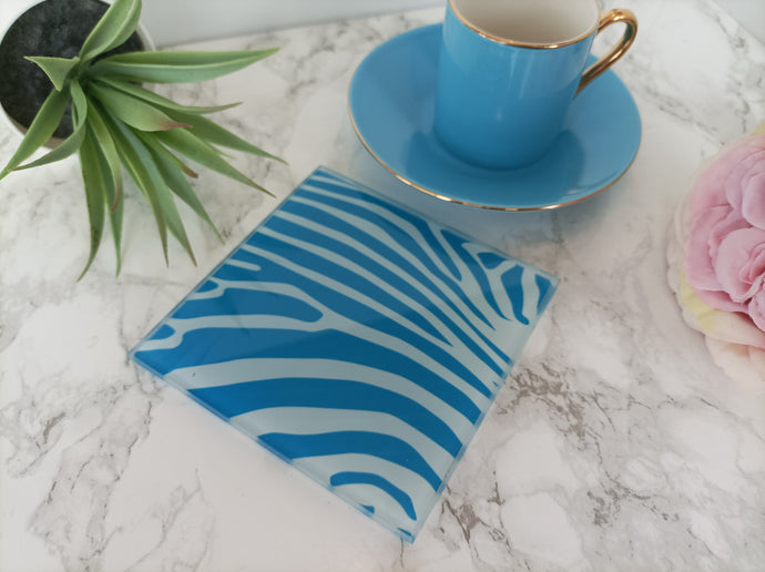 Blue Zebra Print - Glass Coaster
