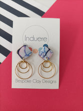 Induere Statement Polymer Clay Dangle Drop Earrings - Navy & Pink Marble effect Resin Rhombus with Triple circle Dangle