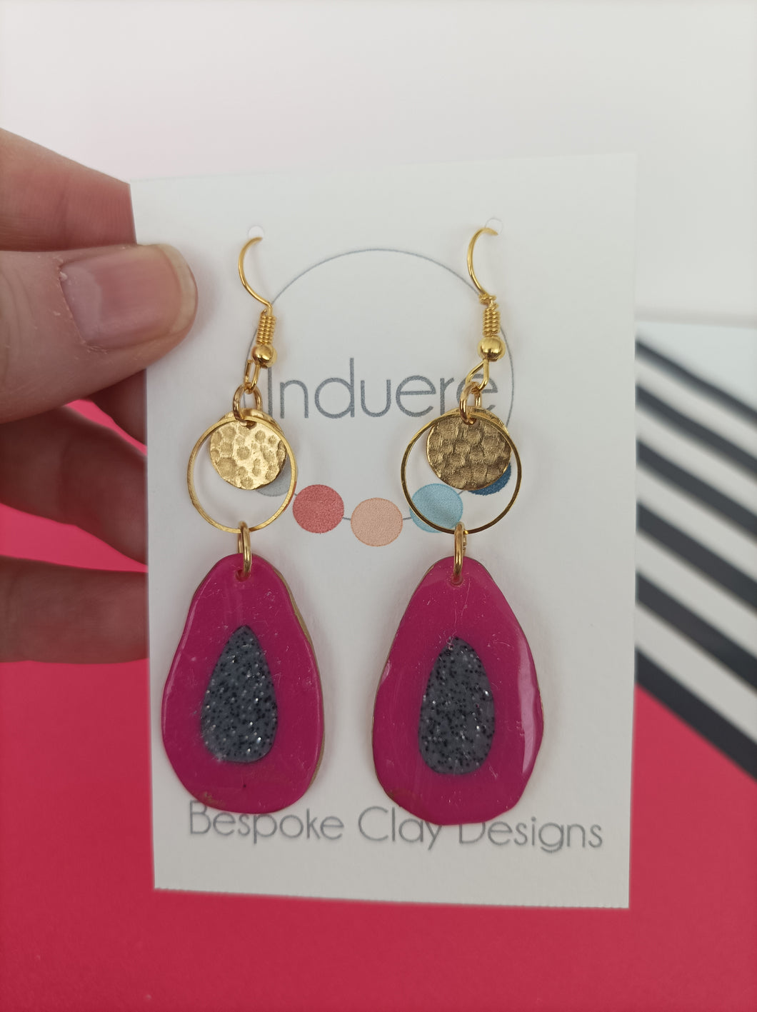 Induere Statement Polymer Clay Dangle Drop Earrings - Pink & Granite effect Dangle