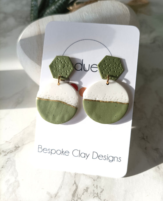 Induere Statement Polymer Clay Dangle Drop Earrings | Ciara | White Speckled Green & Gold clay Resin  #126