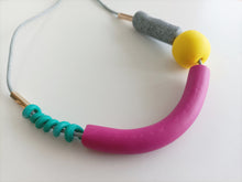 Chunky Turquoise Yellow Granite and Pink Polymer Clay Beaded Statement piece Necklace