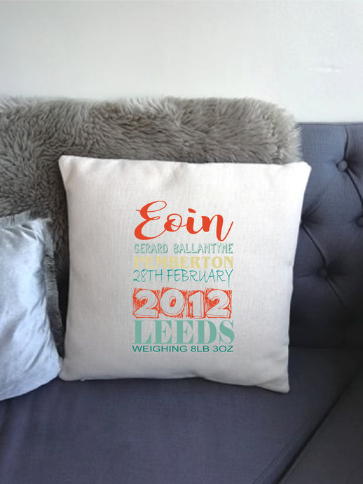 Baby Announcement Personalised printed cushion Teal Terrecotta