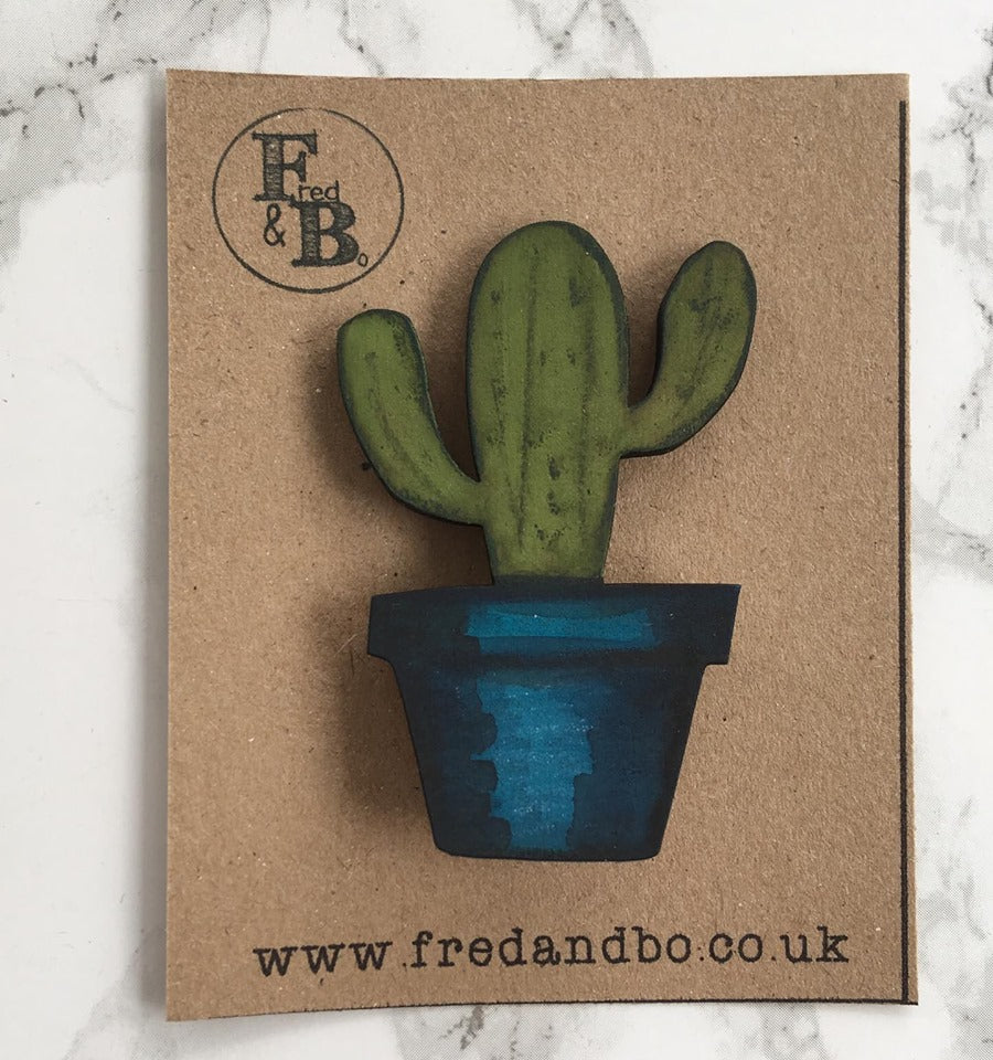 Cactus 2 - Laser cut hand painted wooden badge - Fred And Bo