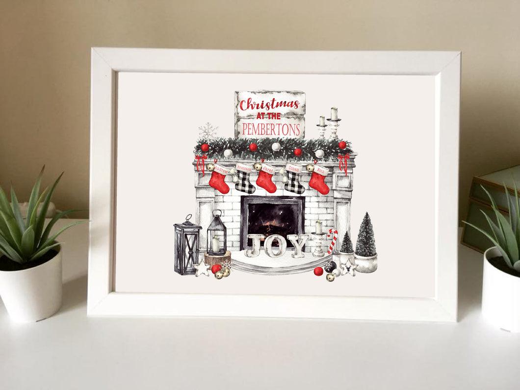 Festive Fireplace Personalised Family- Framed Print -