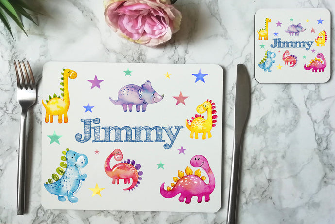 Personalised Watercolour Dinosaur Place Mat & Coaster