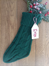 Personalised knitted Christmas stocking with laser cut wooden tag. Keepsake gift. Family gift. Handmade small family gift business made in UK
