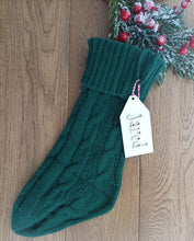 Personalised knitted Christmas stocking with laser cut wooden tag. Keepsake gift. Family gift. Handmade small family gift business made in UK