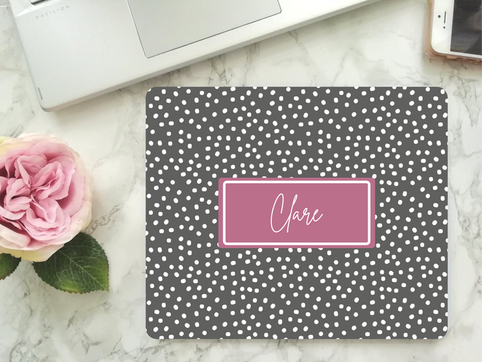 Mouse Mat - Personalised Grey Polka Dot Text Box - Mouse Pad