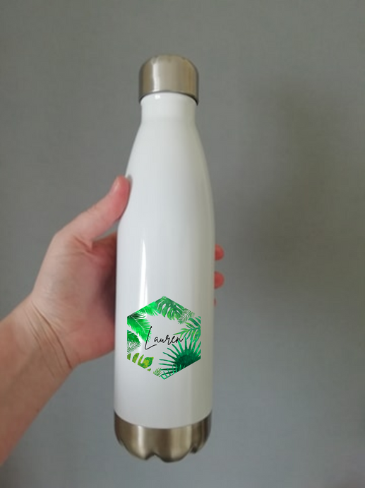 Personalised Hexagon Tropical Leaf Chilly Water Bottle 500ml