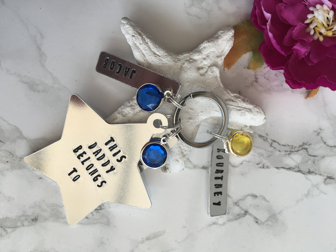 This Daddy belongs to - Star metal stamped keyring - with birthstone charms - Fred And Bo