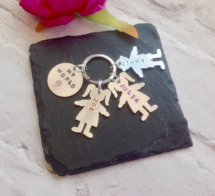 My world children boy girl silhouette charm metal hand stamped key ring key chain - Fred And Bo