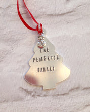 CHRISTMAS BAUBLE Christmas tree with family name - hand stamped with charm and bell - Fred And Bo