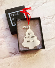 CHRISTMAS BAUBLE Christmas tree with family name - hand stamped with charm and bell - Fred And Bo