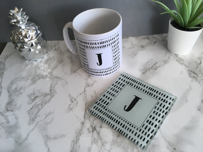 Scandi Doodle dabs Initial- printed mug and glass coaster set - Fred And Bo