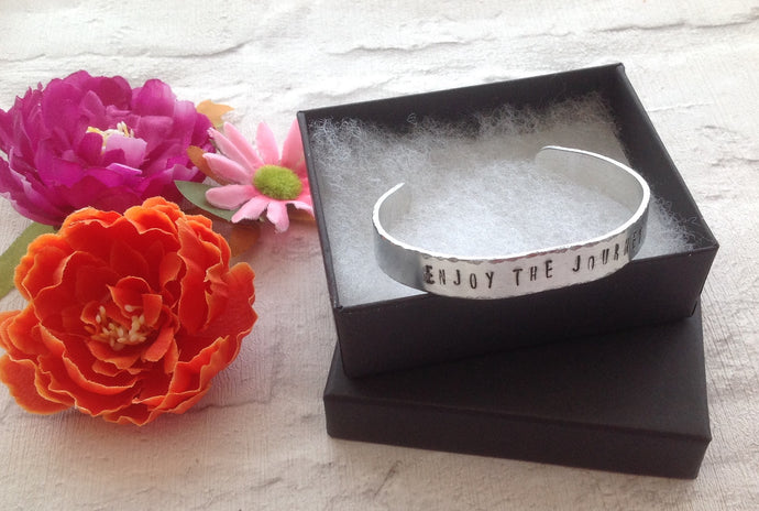 Hand stamped aluminium bangle - Enjoy The Journey - positive mantra - Fred And Bo