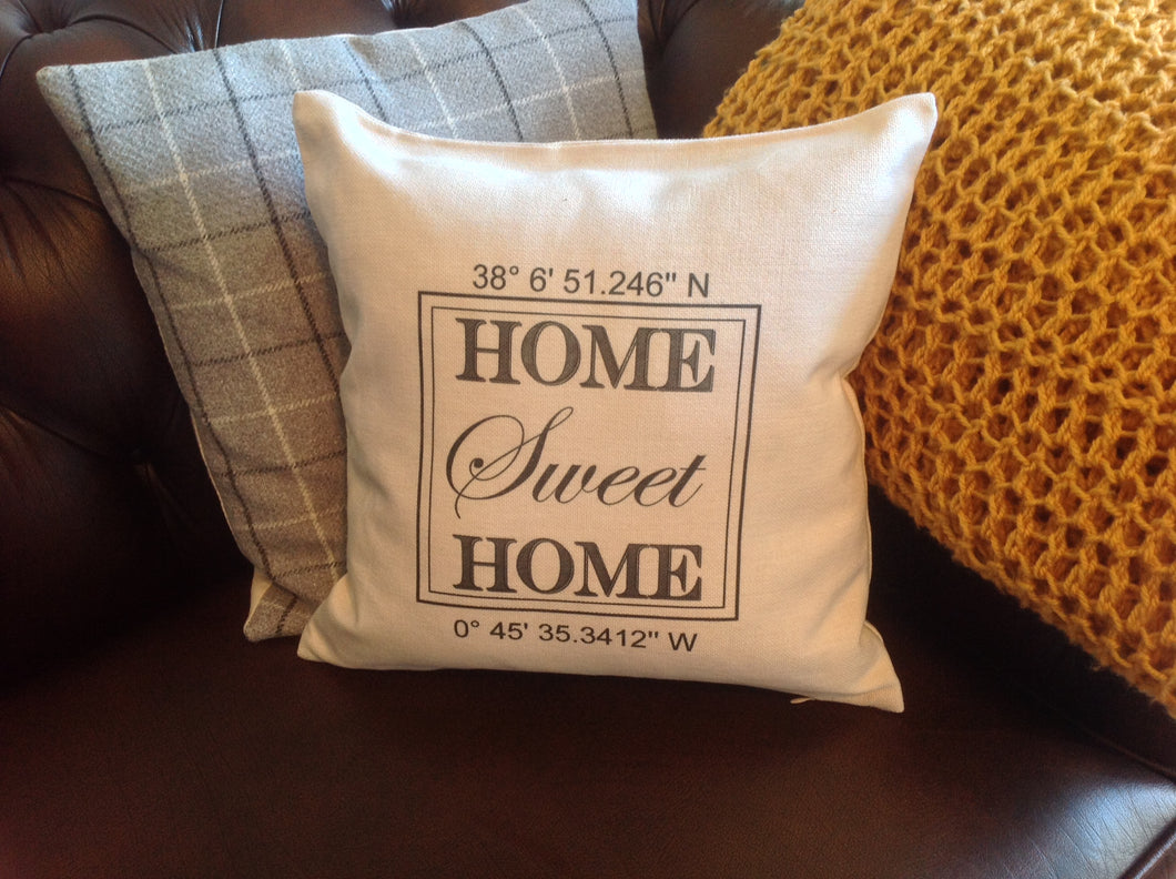 Home Sweet Home longitude Latitude personalised printed cushion - Fred And Bo