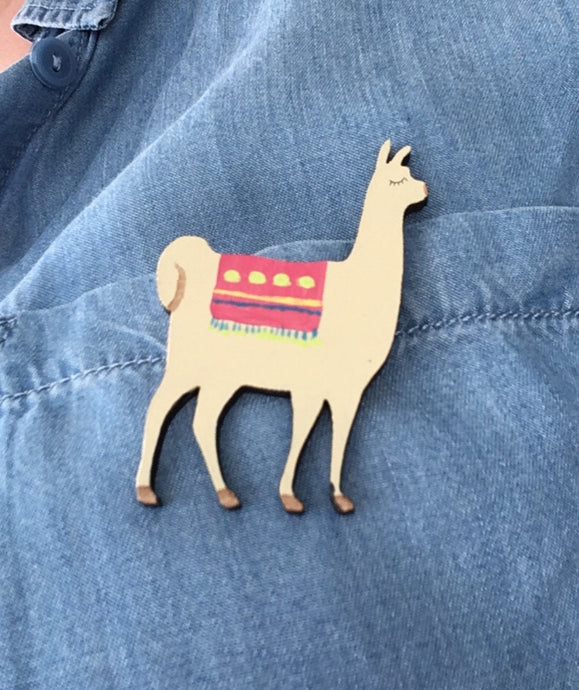 Llama - laser cut hand painted wooden badge - Fred And Bo