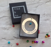 CHRISTMAS BAUBLE RING - hand stamped with charm and bell - Fred And Bo