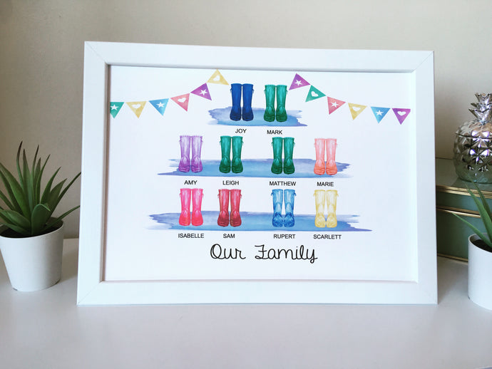 Wellie boot family tree A4 framed print - Fred And Bo