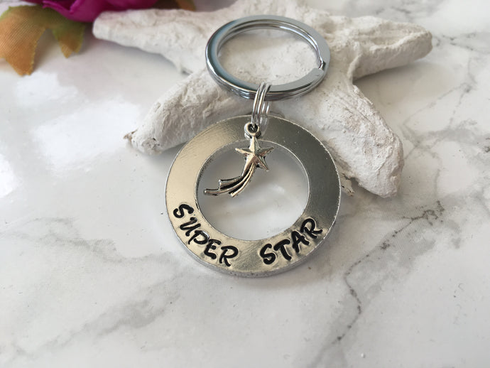 Super star Hand stamped washer keyring - with shooting star charm - Fred And Bo