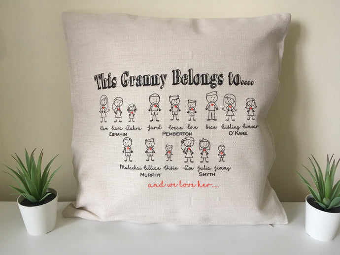 This Granny Belongs to- Stick Family cushion pillow - personalised - Fred And Bo