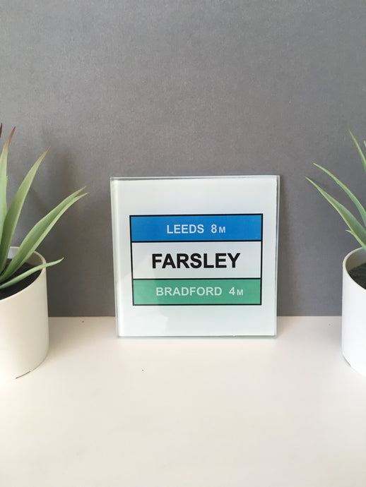 Farsley Road Sign Glass Coaster set of 4 - Fred And Bo