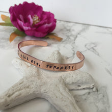 Hand stamped copper cuff bracelet - wake up kick ass repeat -positive mantra - Fred And Bo