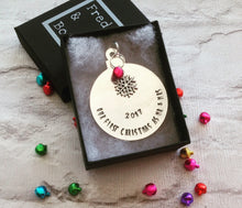 CHRISTMAS BAUBLE First Christmas as Mr & Mrs - hand stamped with charm and bell - Fred And Bo