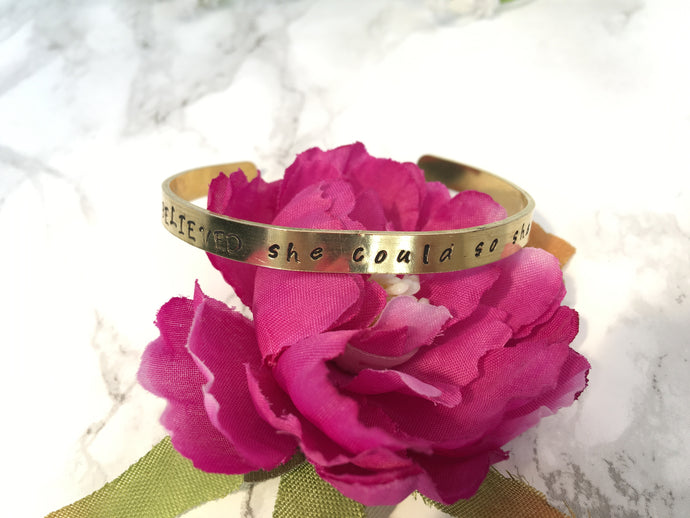 Hand stamped cuff bracelet - She BELIEVED she could do she did- positive mantra - Fred And Bo