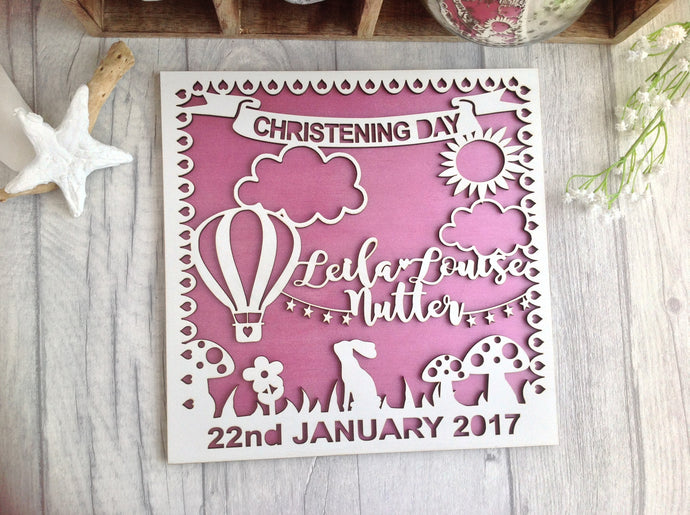 Baby Girl christening day laser cut wooden plaque - Fred And Bo