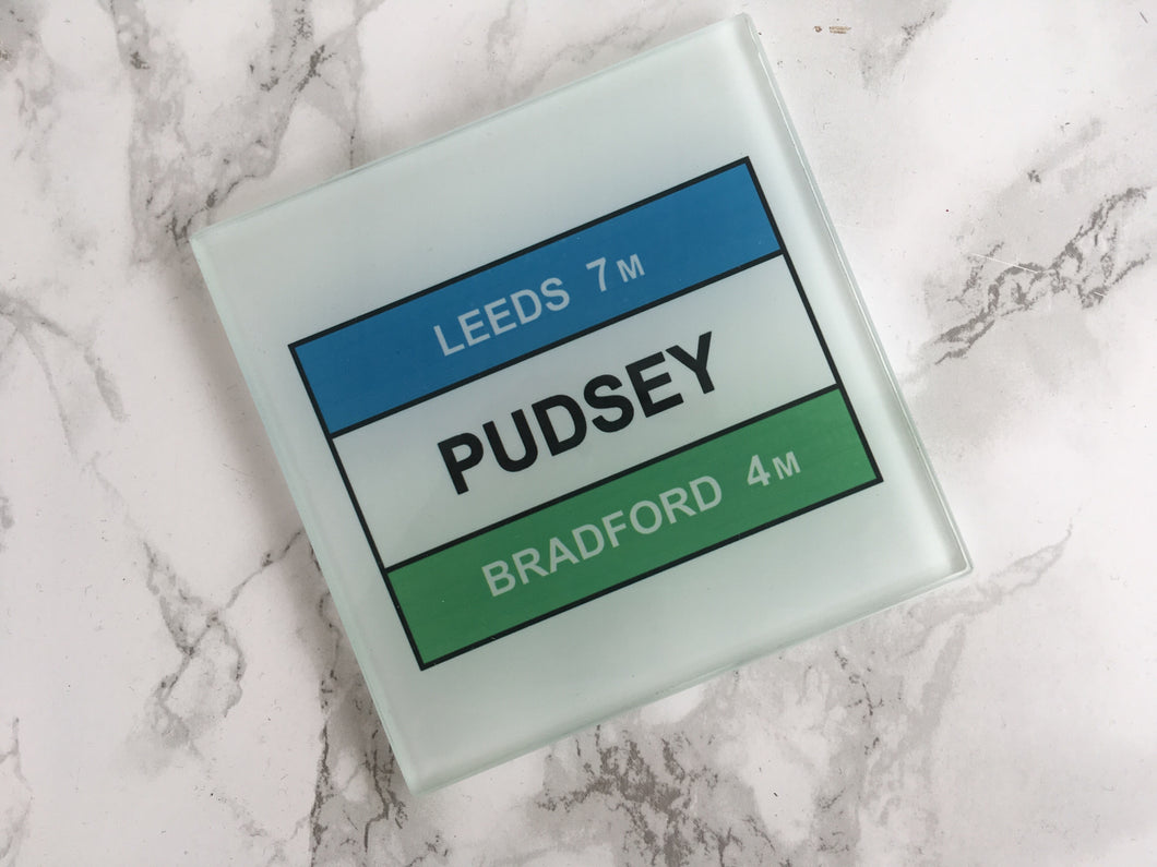 Pudsey Road Sign Glass Coaster set of 4 - Fred And Bo