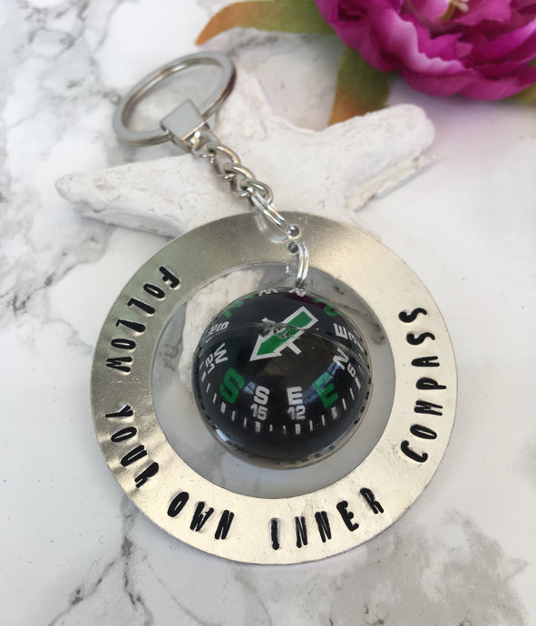 Compass keyring - Follow your own inner compass - Hand stamped key ring - Fred And Bo