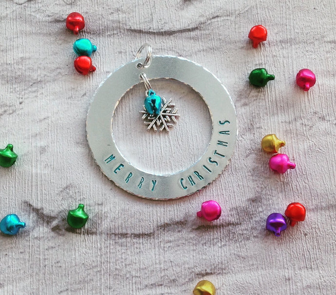CHRISTMAS BAUBLE RING - hand stamped with charm and bell - Fred And Bo