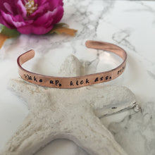 Hand stamped copper cuff bracelet - wake up kick ass repeat -positive mantra - Fred And Bo