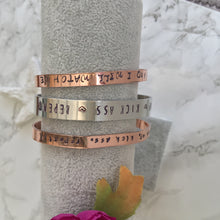 Hand stamped copper cuff bracelet - wake up kick ass repeat -positive mantra - Fred And Bo