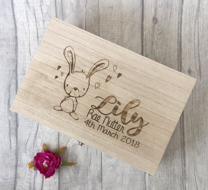 Wooden engraved bunny rabbit baby Gift Box - Memory Keepsake Box - Fred And Bo