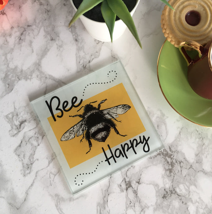 Bee Happy- Bee sketch- printed glass coaster - Fred And Bo