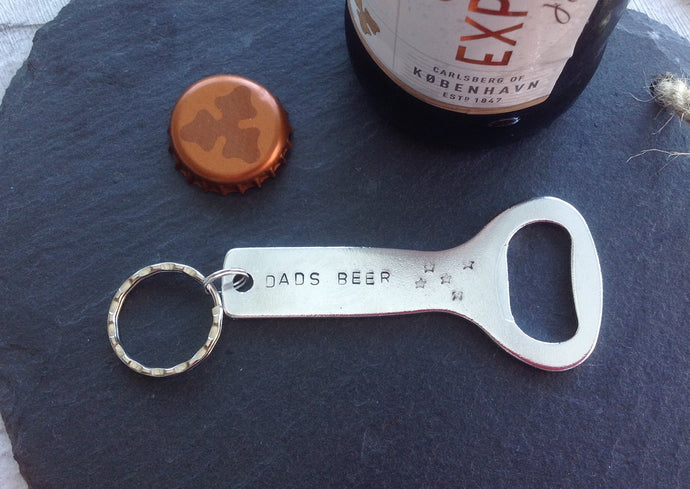 Bottle opener key ring, key chain- hand stamped - personalised Father's Day gift - Fred And Bo