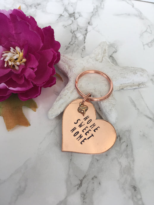 Copper heart- Home Sweet Home- hand stamped key chain - Fred And Bo