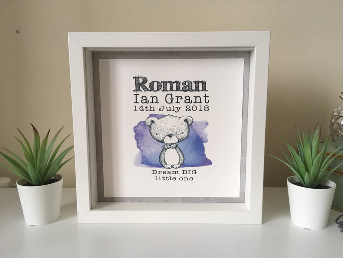 Personalised baby print - Box frame- animals - Fred And Bo