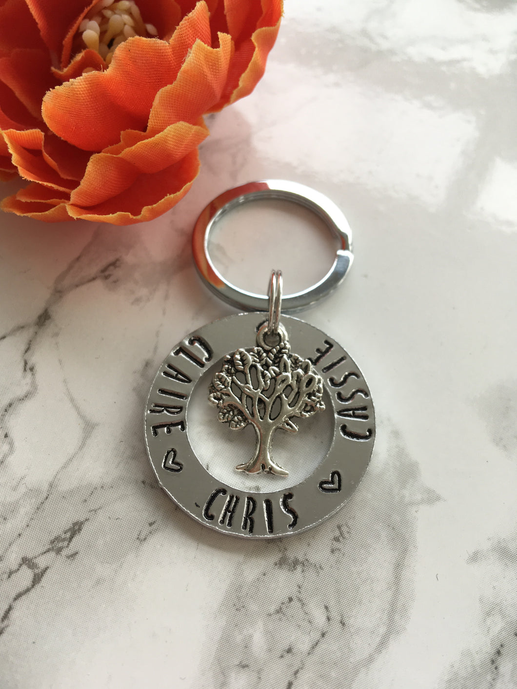 Family tree washer hand stamped metal key ring - Fred And Bo