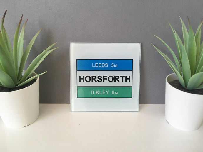 Horsforth Road Sign Glass Coaster set of 4 - Fred And Bo