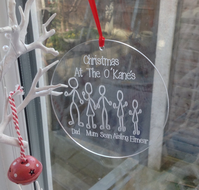Engraved acrylic stick figure family personalised bauble - Fred And Bo