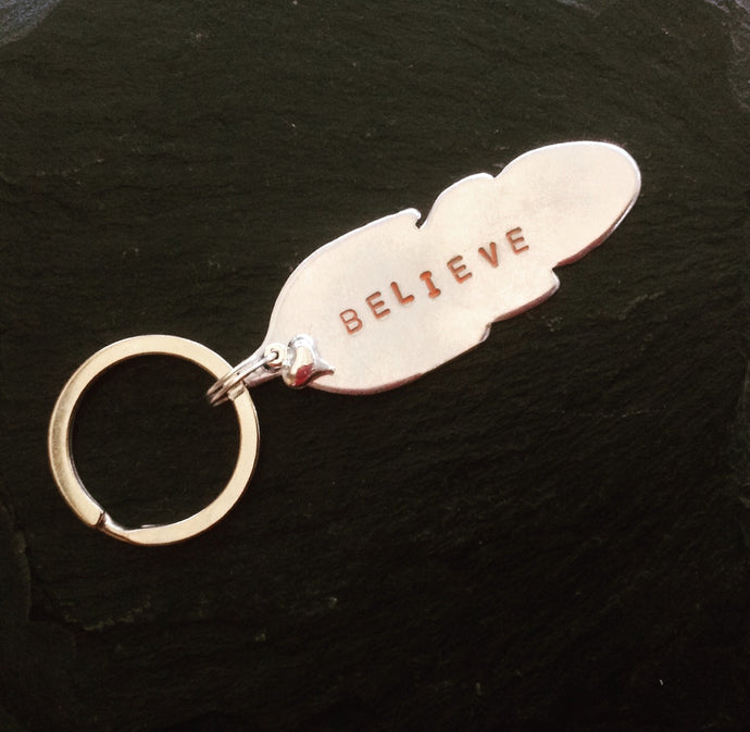 Feather - Believe metal hand stamped key ring key chain - Fred And Bo