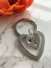 Double heart with initial and birthstone gem hand stamped metal key ring - Fred And Bo