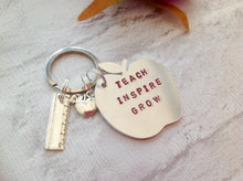 Teach Inspire Grow - Apple hand stamped metal keyring with apple and ruler charms - Fred And Bo