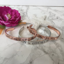 Hand stamped copper cuff bracelet - wake up kick ass repeat -positive mantra - Fred And Bo