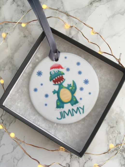 Ceramic bauble- festive Dinosaur Personalised Hanging Decoration - Fred And Bo