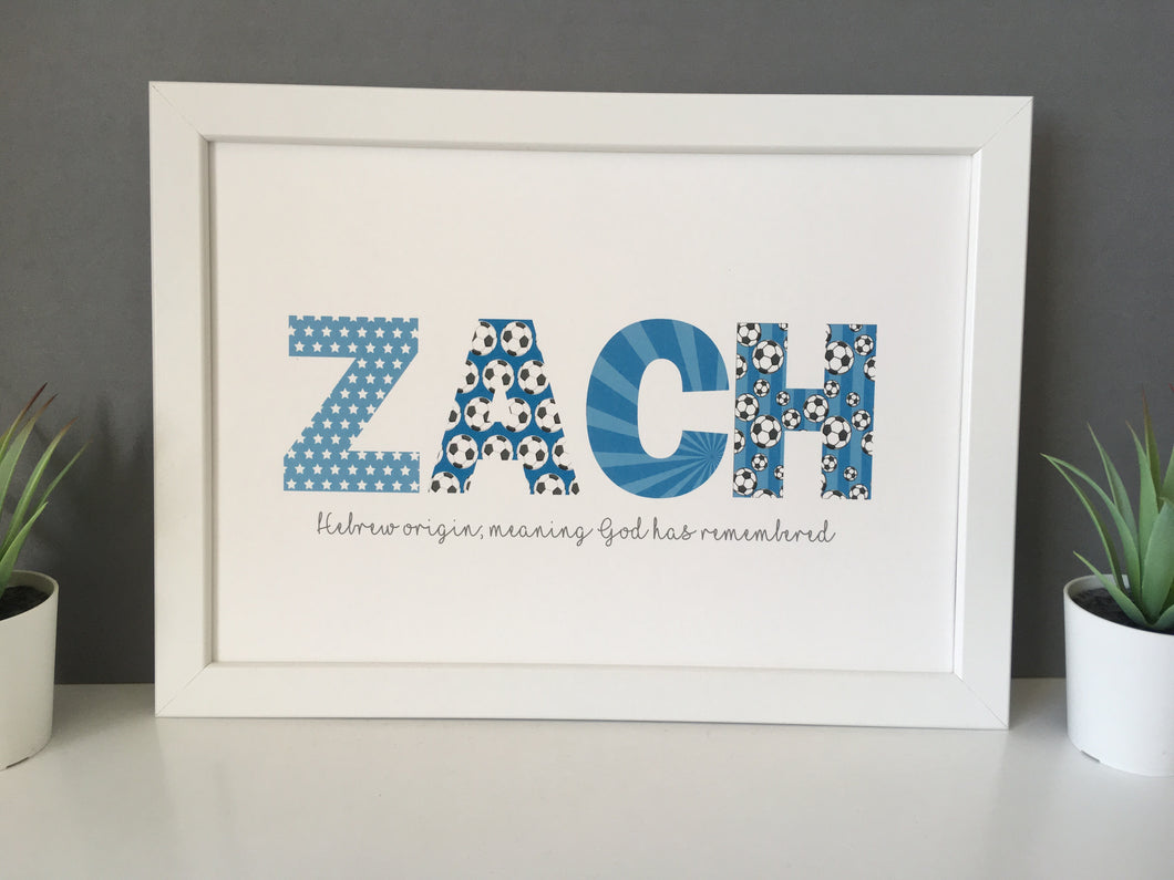 Name Print - Framed - Blue Football themed - Fred And Bo